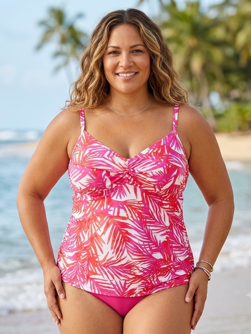 Tropical Pink Twist-Front Tankini Top